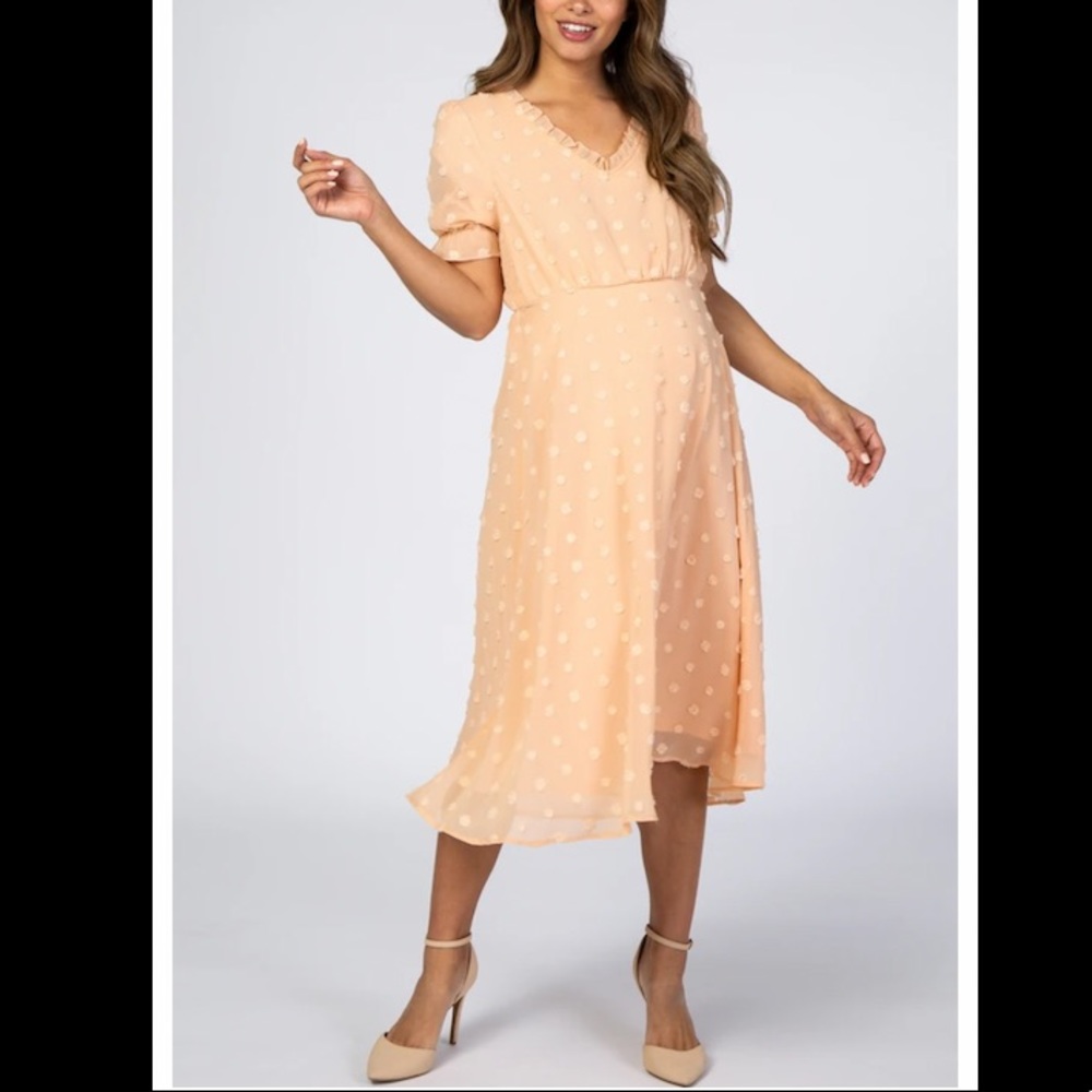 PinkBlush Peach Swiss Dot Ruffle Trim Maternity Dress